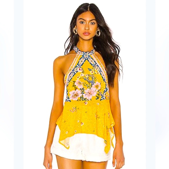 Free People Tops - NWT Free People New Wave Yellow Print Halter Tank Top